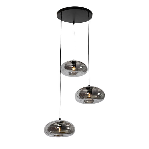 Lampe à suspension Art Déco en laiton avec verre noir à 3 lumières - Pallon