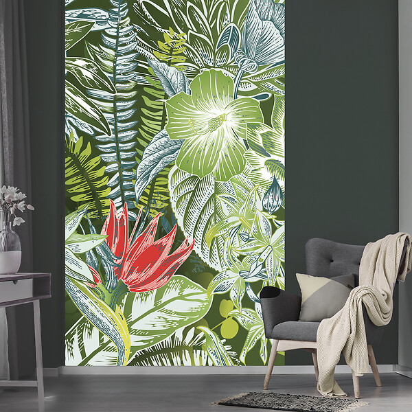 Papier peint intissé motif floral, fleurs rouges, feuillages et fleurs de  la jungle tropicale, 250 cm X 150 cm.