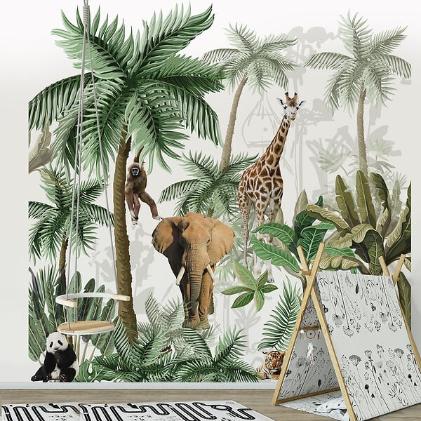 Papier peint intissé animaux de la jungle, 250 cm X 250 cm, pour chambre  d'enfant, illustration forêt tropicale.