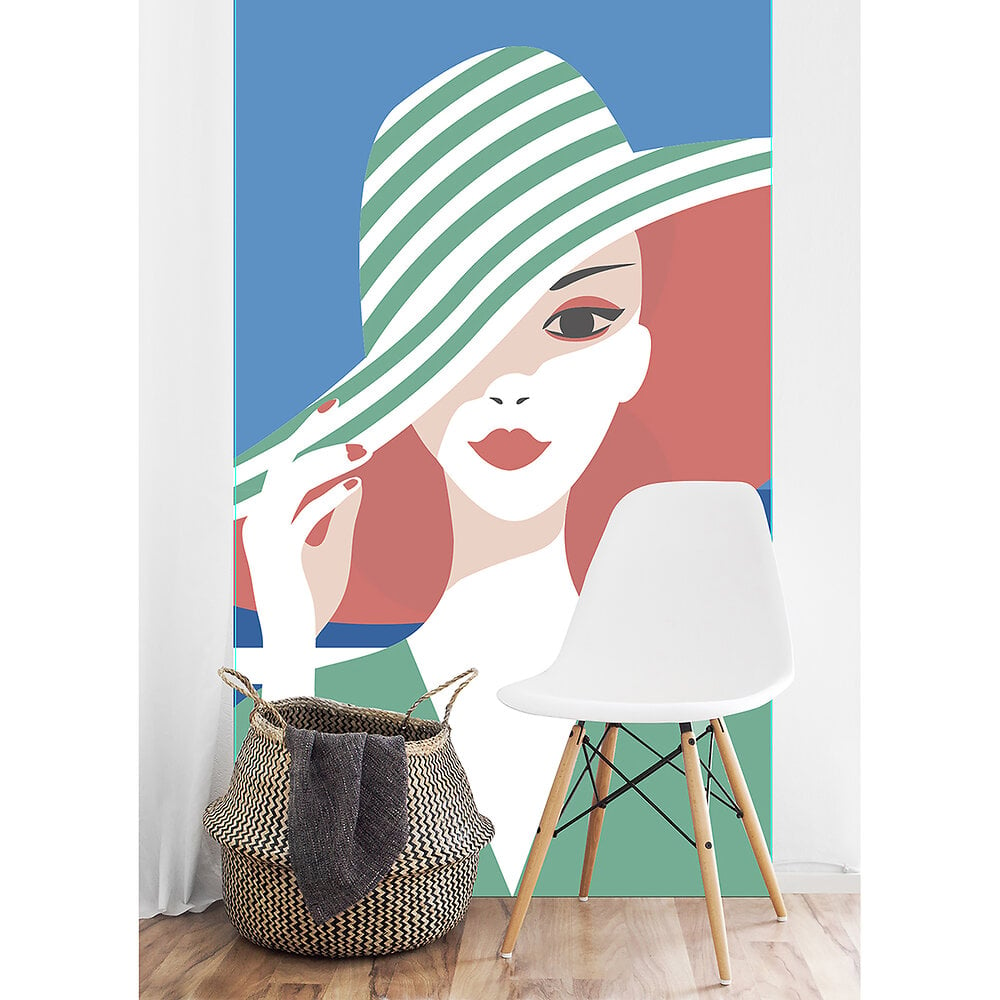 papier peint intissé glamour, motif personne en tenue et chapeau vert, ciel bleu, 250 cm x 150 cm - décoration murale chic et élégante