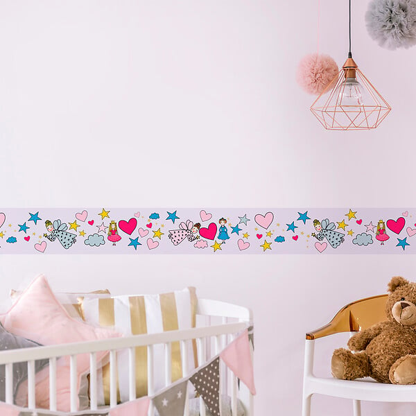 Frise adhésive décorative autocollante pour chambre enfant: Fées, Étoiles  et Coeurs, 15 cm X 300 cm, Violet et Rose. Déco murale pour enfants.