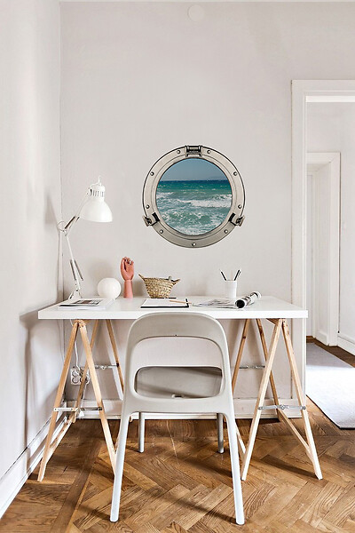 Sticker hublot trompe l'oeil Mer plage