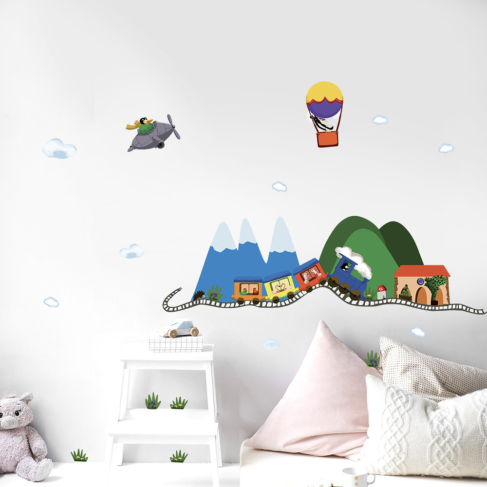 sticker autocollant 68x24cm - illustration mandchouri avec train, avion, mongolfière, animaux de ferme décoratif pour murs et meubles