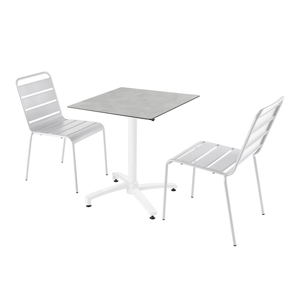 Ensemble table de jardin stratifié béton gris et 2 chaises blanc