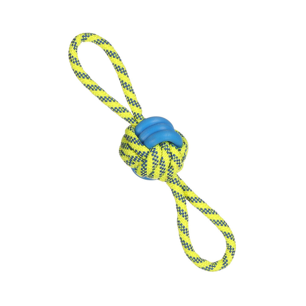 jouet balle nouée ø 7 cm x  30 cm bleu & jaune pour chien