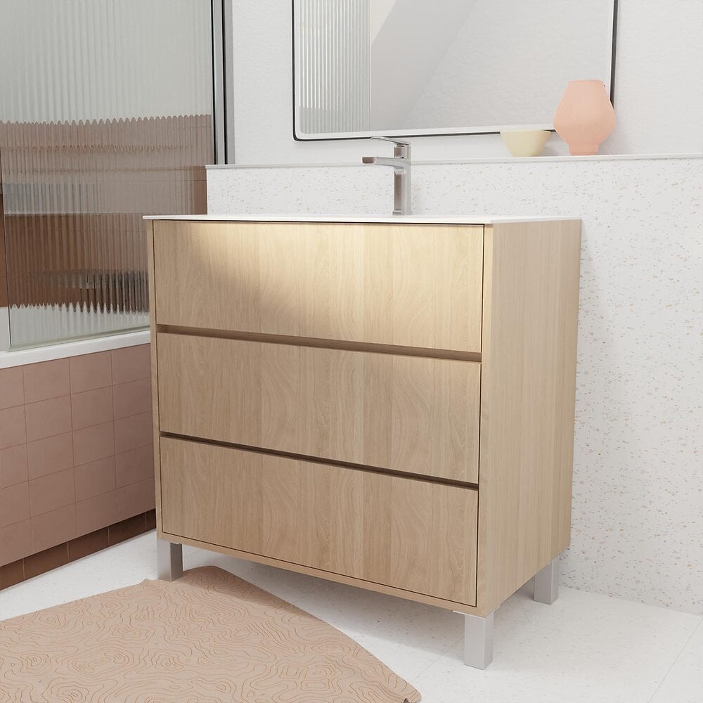Ensemble meuble de salle de bain 80x45cm style industriel couleur chene  naturel - vasque blanche - Aurlane