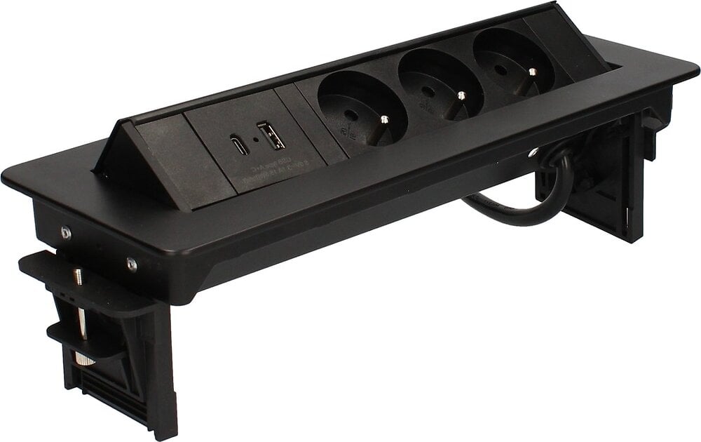Bloc Prises escamotable avec 3 prises 230V + 2 prises USB Noir - Orno 