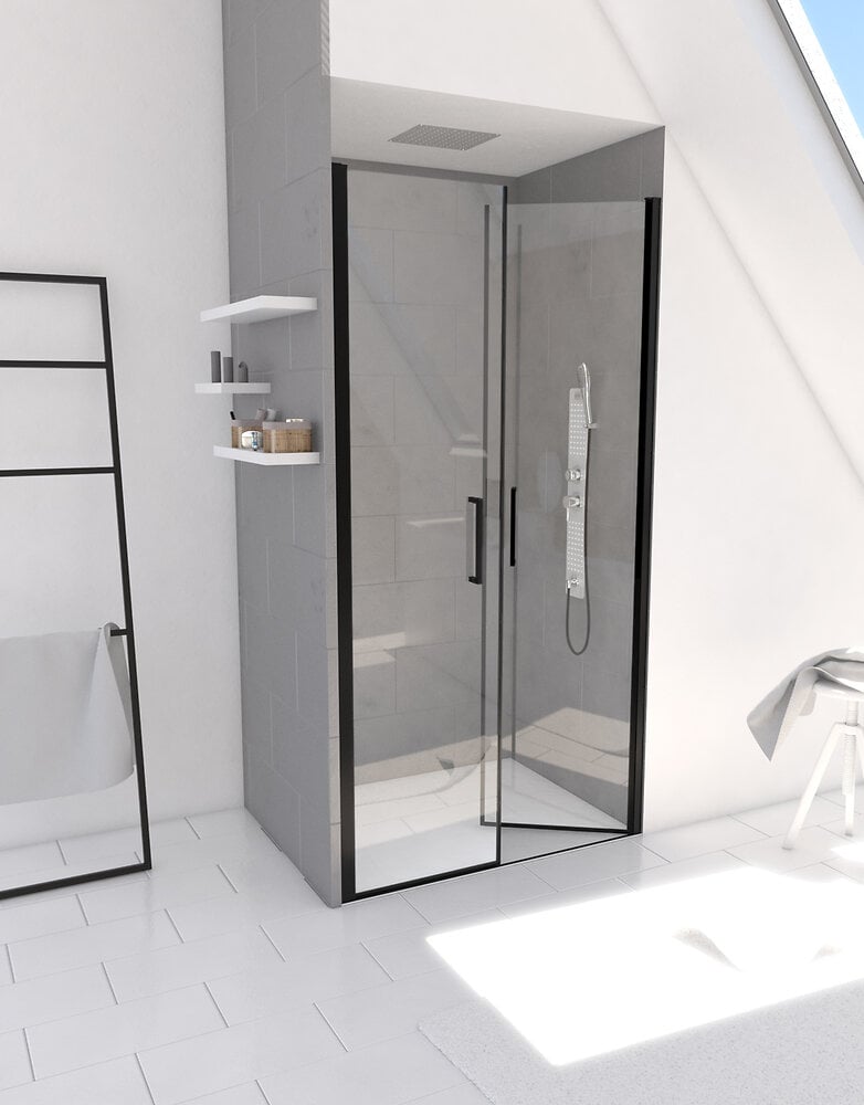 AURLANE - Porte de douche battante en aluminium et verre - Noir  - 200x70cm - large