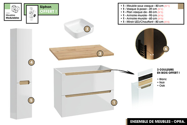 OTITEC - Ensemble complet de salle de bain - Meuble - Plan - Armoires - Miroir - Vasque à poser avec Siphon OFFERT | OPRA | 80 x 60 x 45 cm - large