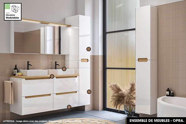OTITEC - Ensemble complet de salle de bain - Meuble - Plan - Armoires - Miroir - Vasque à poser avec Siphon OFFERT | OPRA | 80 x 60 x 45 cm - large