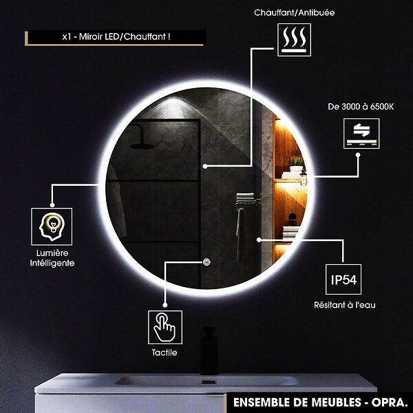 OTITEC - Ensemble complet de salle de bain - Meuble - Plan - Armoires - Miroir - Vasque à poser avec Siphon OFFERT | OPRA | 80 x 60 x 45 cm - large