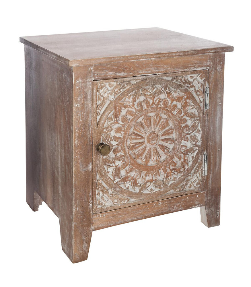 table d'appoint table de chevet en bois sculpté effet blanchi 1 porte h 45 cm