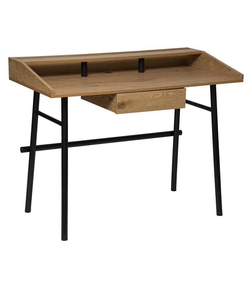 meuble bureau 1 tiroir en bois effet chêne et métal noir l 110 cm