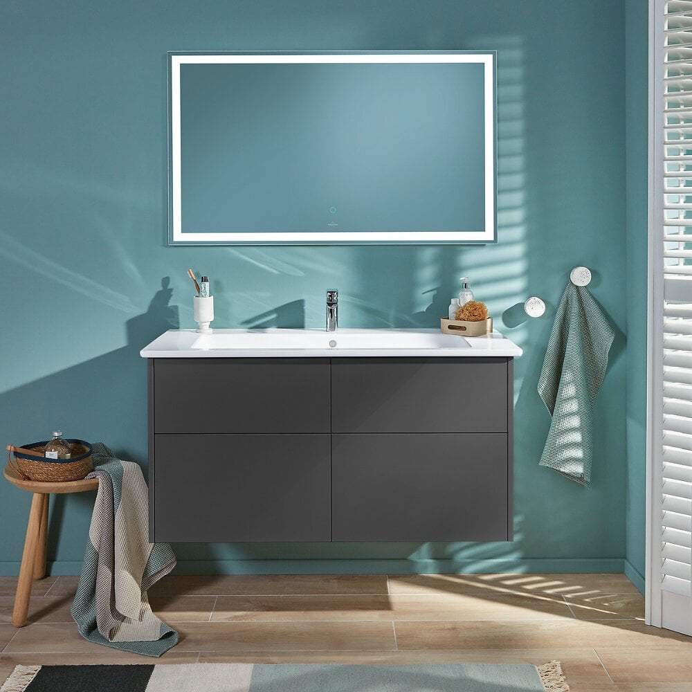 Meuble pour lave-linge, bleu nuit et blanc brillant, avec tiroir, cases et  vasque céramique, M5.