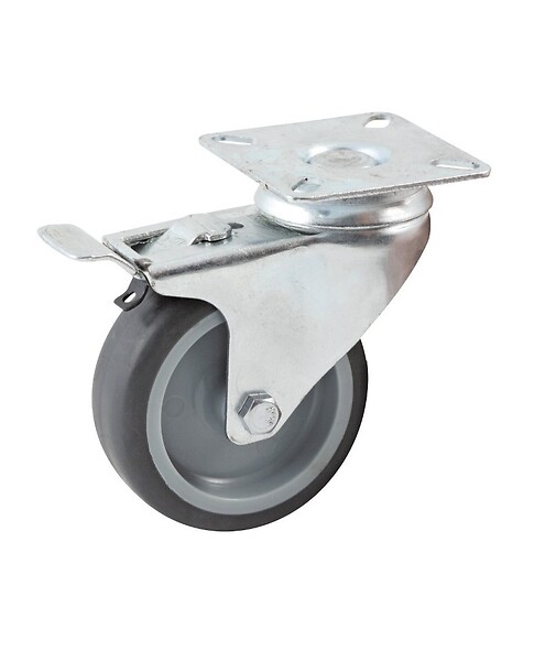 Roulette diamètre 100mm caoutchouc gris platine pivotant frein