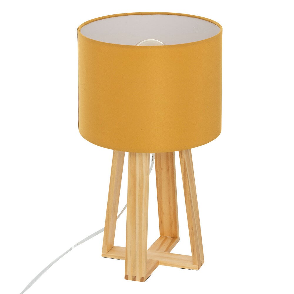 lampe à poser pied en bois et abat-jour jaune moutarde h 34.5 cm
