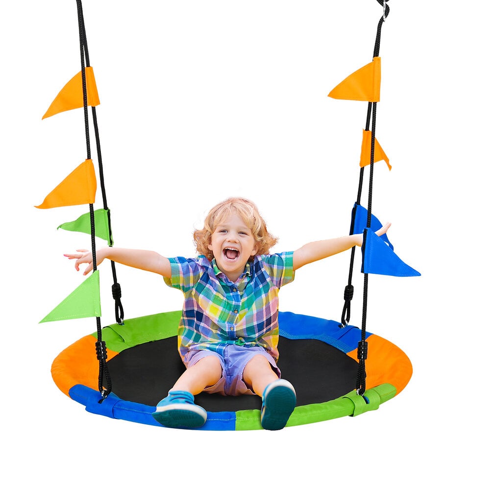 Balançoire nid d'oiseau ronde balançoire panier Ø 100 cm 2 anneaux inclus métal époxy PP Oxford haute densité drapeaux multicolores