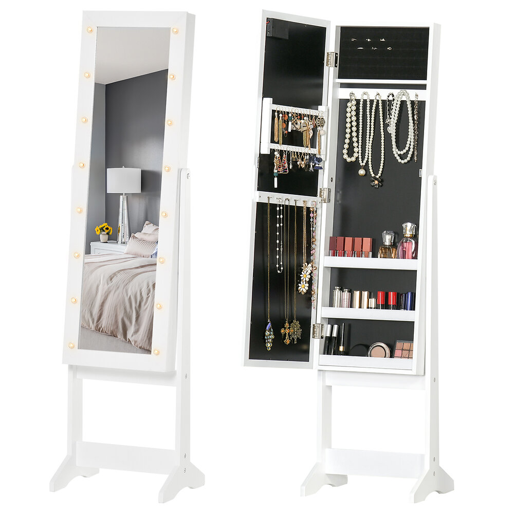 armoire à bijoux armoire de rangement sur pied boîte à bijoux avec miroir multi-rangement éclairage led blanc