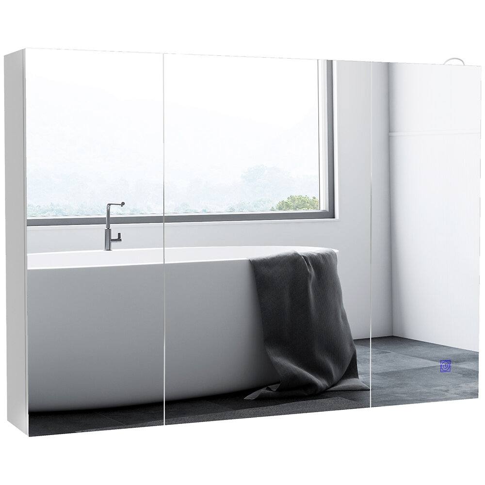 armoire miroir led de salle de bain - 3 portes, 3 étagères - tactile, lumière réglable - mdf blanc laqué verre
