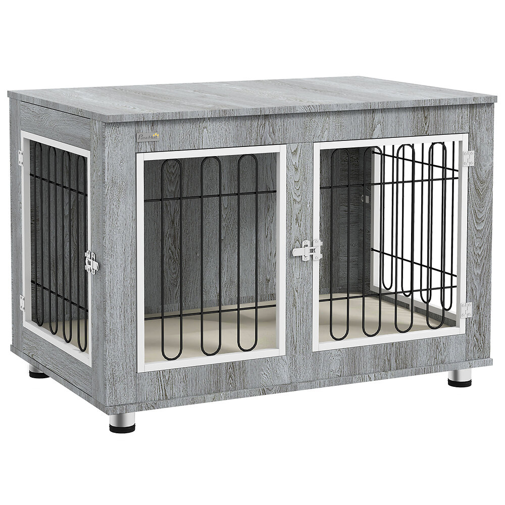cage pour chien sur pied - 2 portes verrouillables, coussin déhoussable inclus - acier filaire noir panneaux aspect bois gris