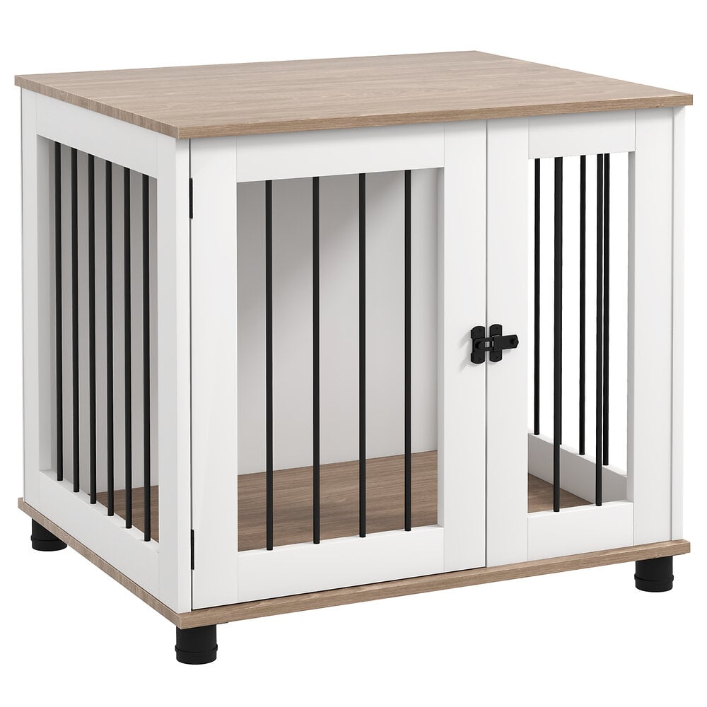 cage pour chien animaux sur pied - porte verrouillable - acier noir panneaux blanc chêne clair