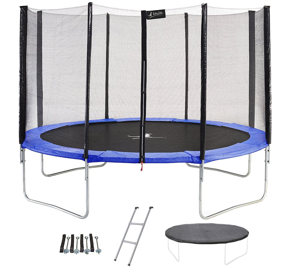 Trampoline+rond+Bleu+Ø360cm+avec+filet,+echelle,+bâche+et+kit+ancrage