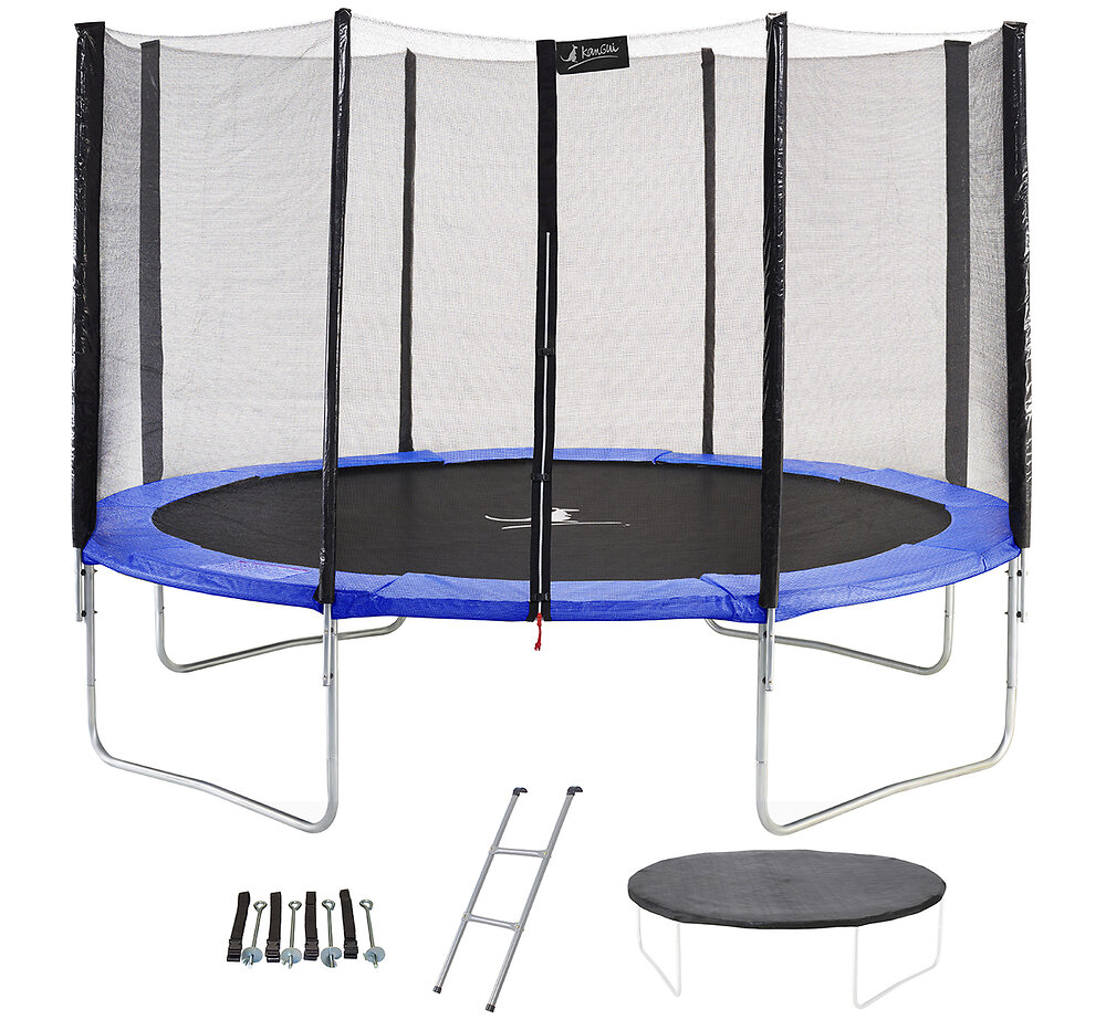 Trampoline+rond+Bleu+Ø430cm+avec+filet,+echelle,+bâche+et+kit+ancrage