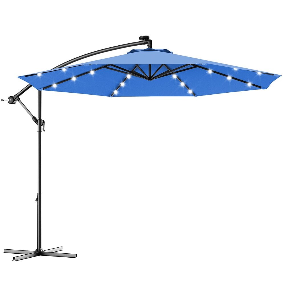 parasol 3 m déporté excentré avec 24 led lampe solaire fait en polyester imperméable hauteur 245 cm 8 baleines en fer bleu 20_0000065
