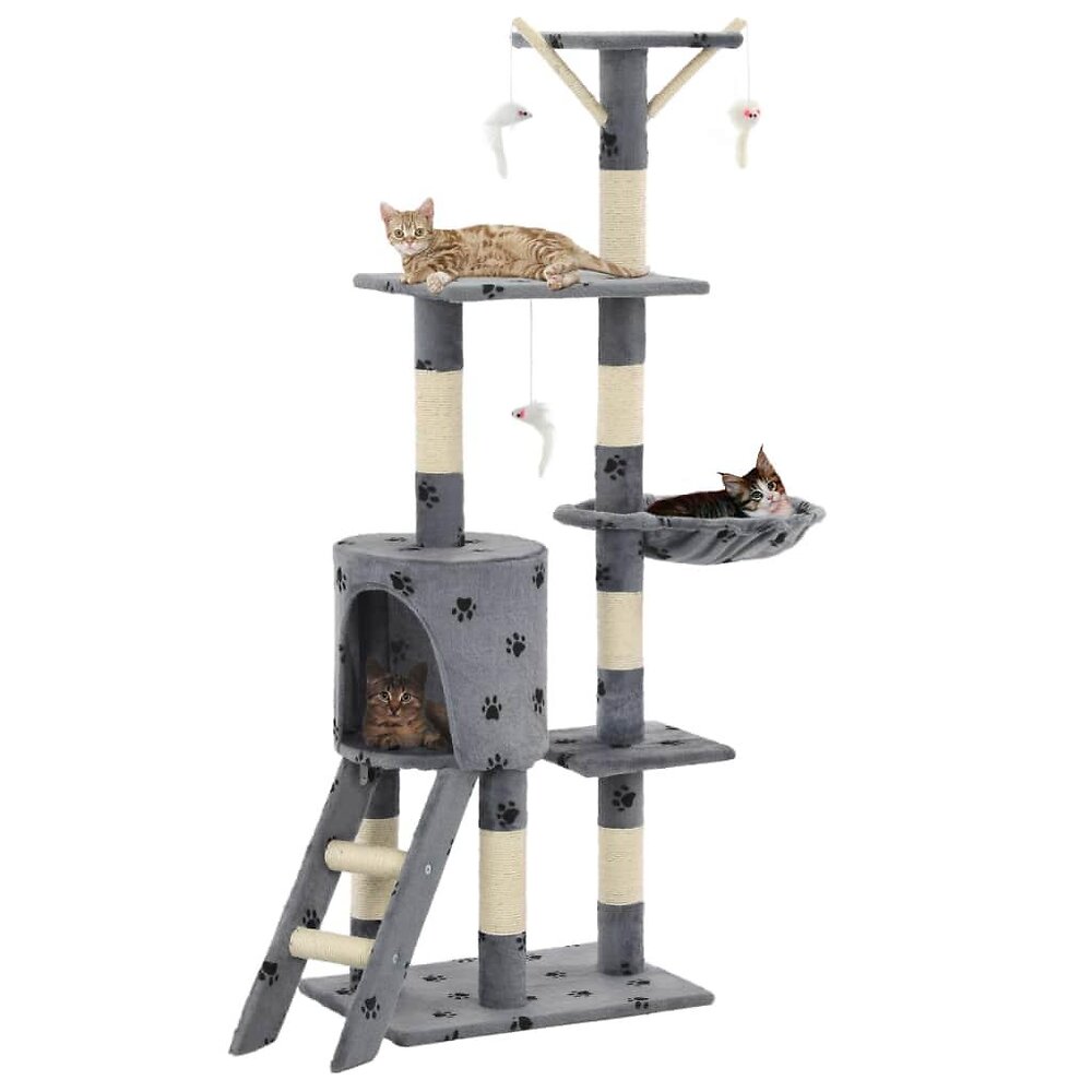 arbre à chat griffoir grattoir niche jouet animaux peluché en sisal 138 cm gris motif de pattes 3702037