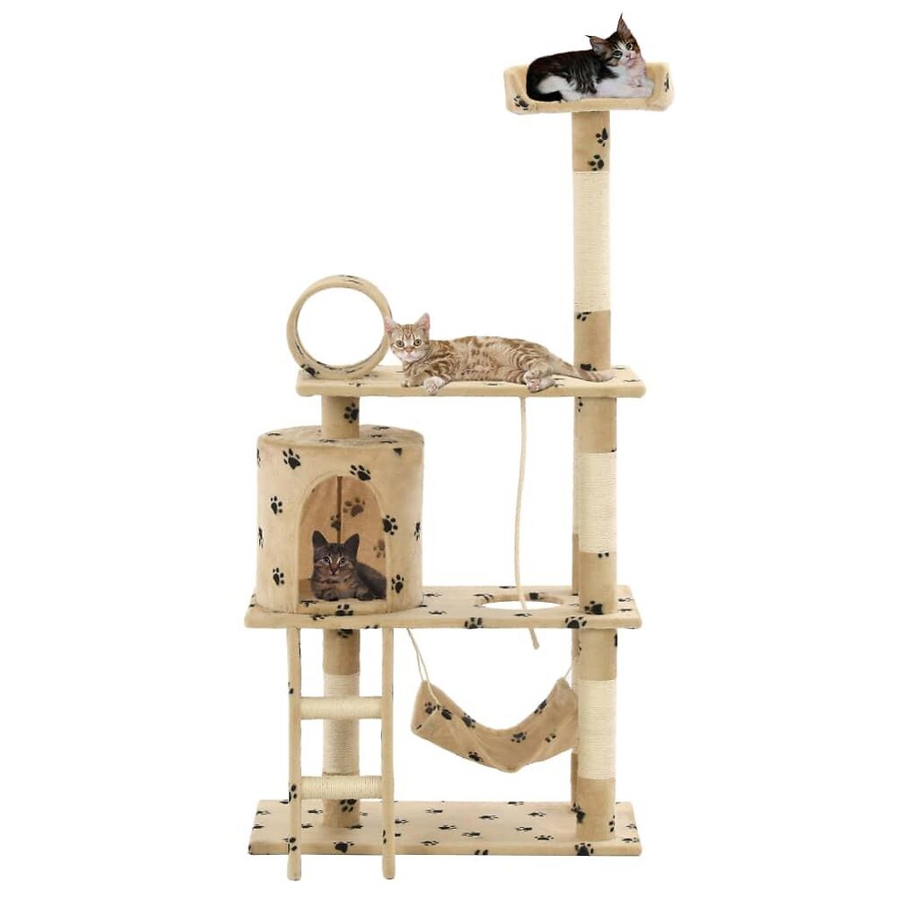 arbre à chat griffoir grattoir niche jouet animaux peluché en sisal 140cm beige motif de pattes 3702105