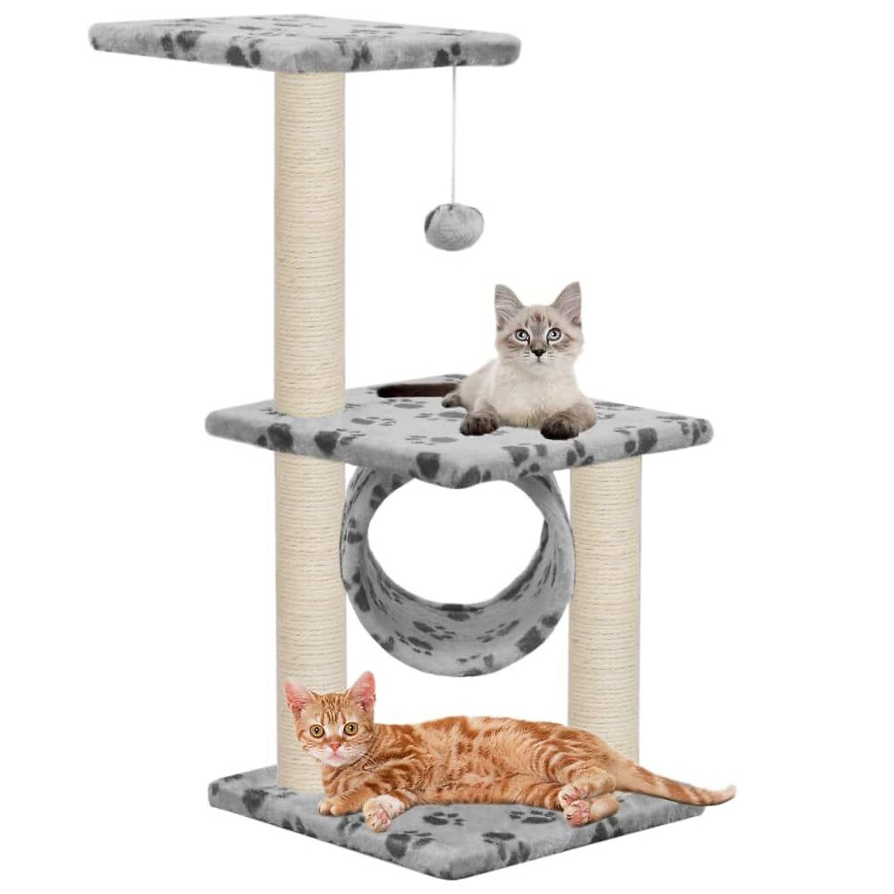 arbre à chat griffoir grattoir niche jouet animaux peluché en sisal 65 cm gris motif de pattes 3702104