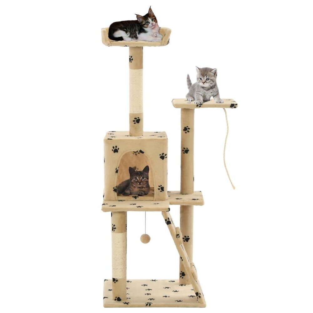 arbre à chat griffoir grattoir niche jouet animaux peluché en sisal 120 cm beige motif pattes 3702138