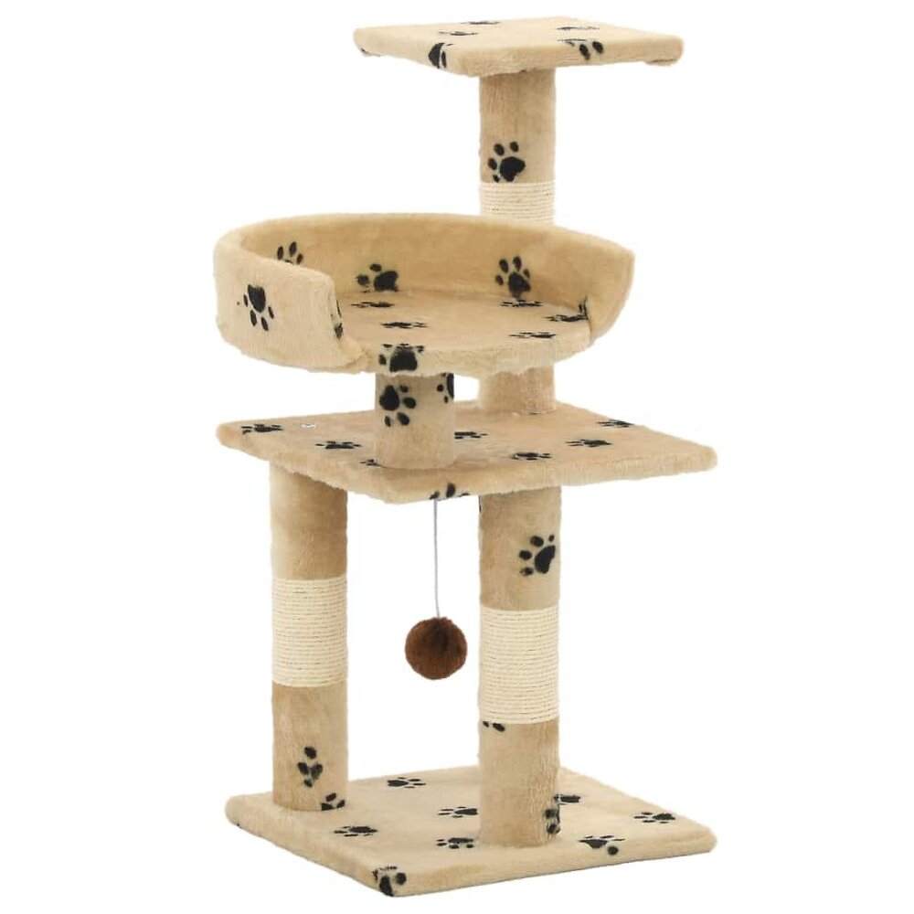 arbre à chat griffoir grattoir niche jouet animaux peluché en sisal 65 cm beige motif de pattes 3702044