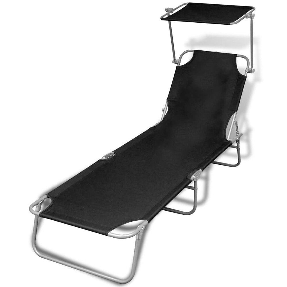 transat chaise longue bain de soleil lit de jardin terrasse meuble d'extérieur pliable avec auvent acier et tissu noir 02_0012808