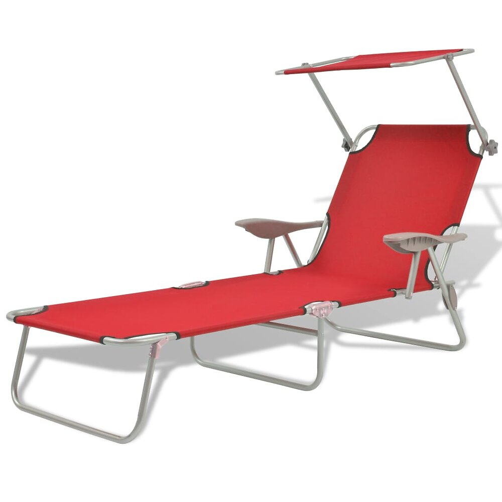 transat chaise longue bain de soleil lit de jardin terrasse meuble d'extérieur 189 cm avec auvent acier rouge 02_0012269
