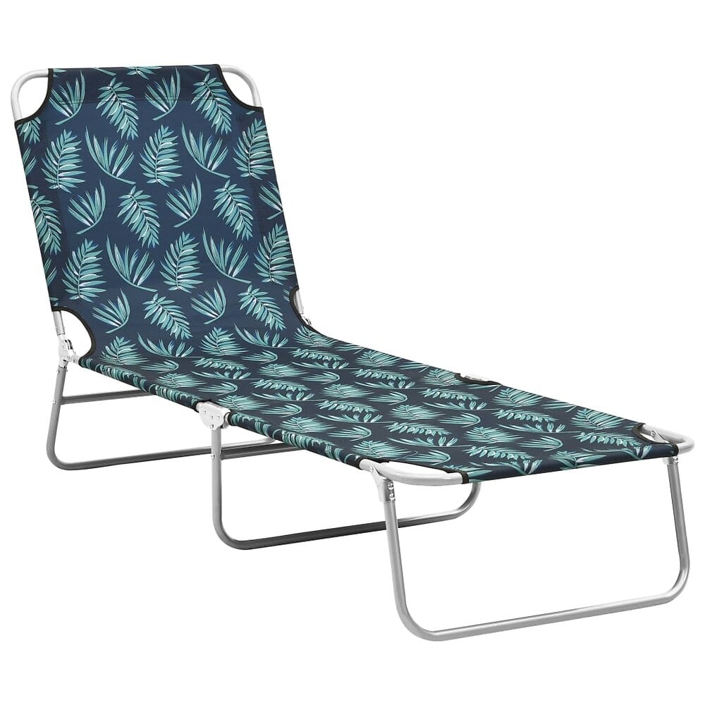 transat chaise longue bain de soleil lit de jardin terrasse meuble d'extérieur pliable acier et tissu motif de feuilles 02_0012801