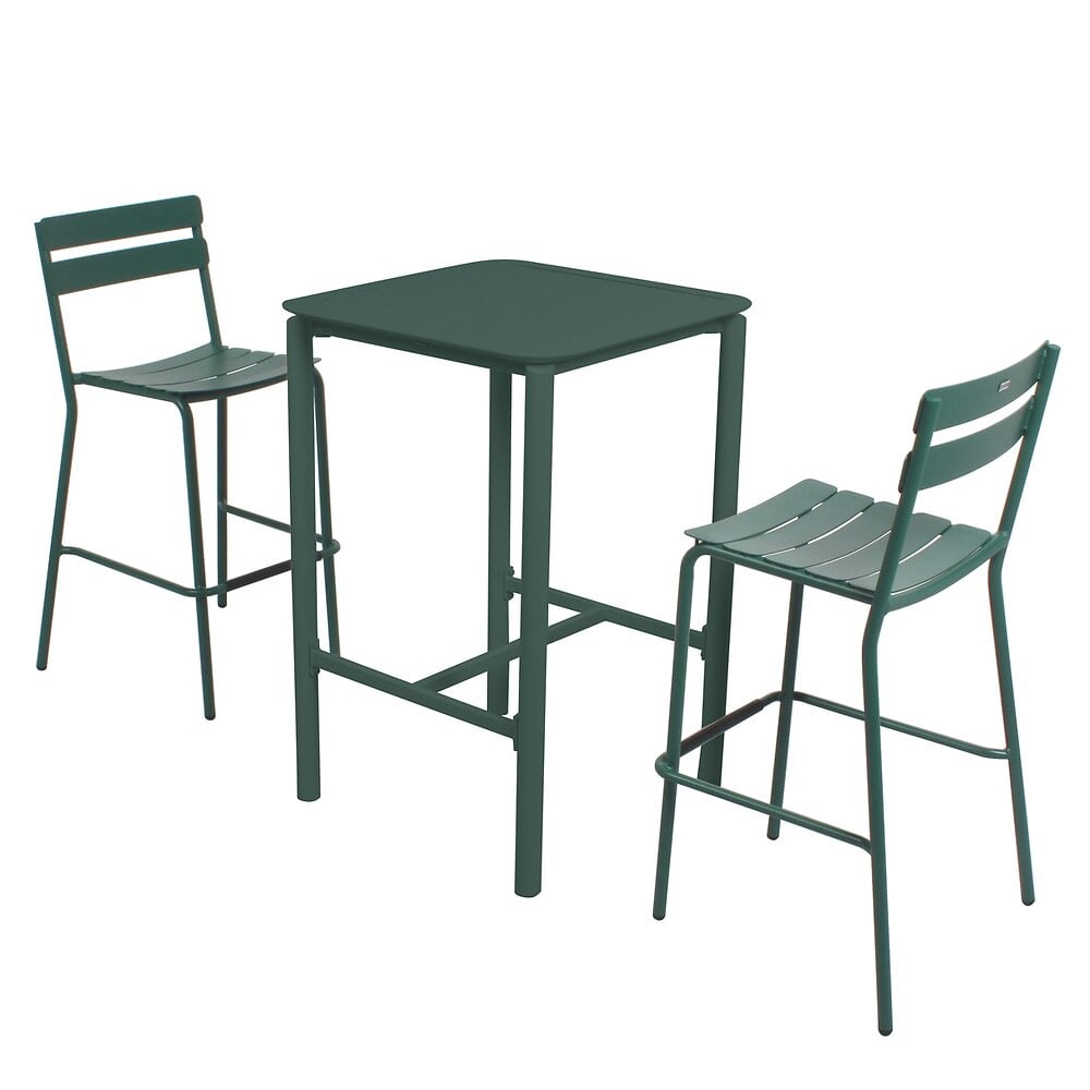table haute de terrasse avec 2 chaises en aluminium vert foncé