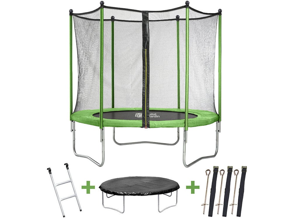 Trampoline++Yoopi++-+Ø+2.44+m+-+Vert+-+avec+filet+++echelle+++couverture+++kit+d%27ancrage