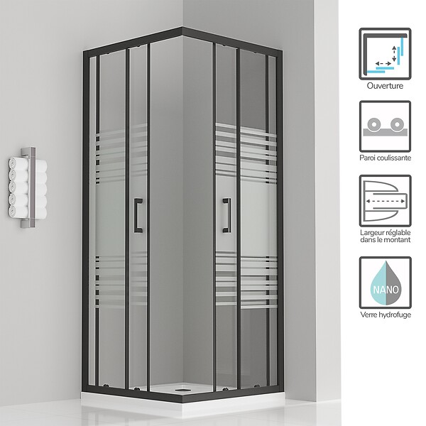 SANIVERRE - LANABLACK Cabine de douche 70x80 H180 cm semi-opaque verre 6 mm porte coulissante - large