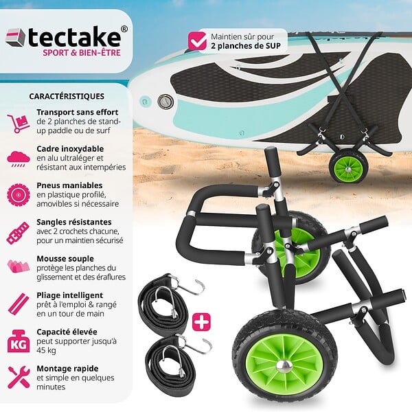 tectake - Chariot de transport pour planche de surf pliable, pour jusqu'à 2 planches  noir/vert - large