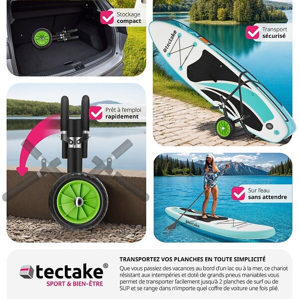 tectake - Chariot de transport pour planche de surf pliable, pour jusqu'à 2 planches  noir/vert - large