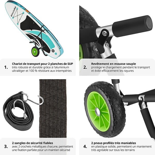 tectake - Chariot de transport pour planche de surf pliable, pour jusqu'à 2 planches  noir/vert - large