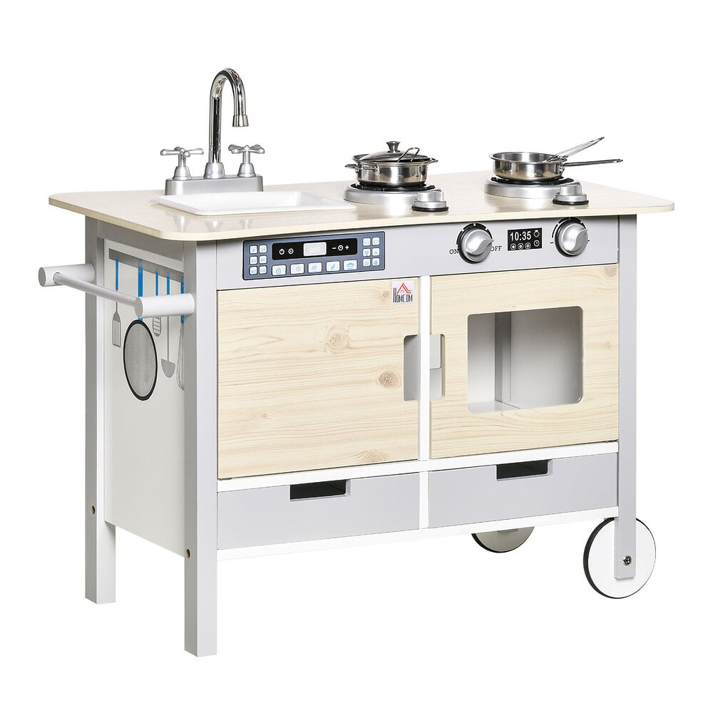Cuisine+desserte+pour+enfant+2+en+1+multi-equipement+avec+5+accessoires+acier+inox.+MDF+aspect+bois+clair+gris