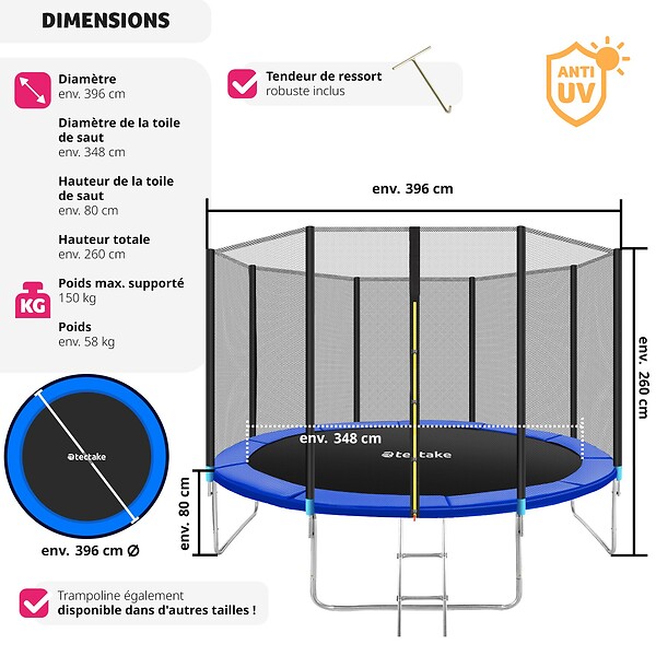 tectake - Trampoline modèle B Ø 396 cm, certifié GS pour un maximum de sécurité  noir/bleu - large