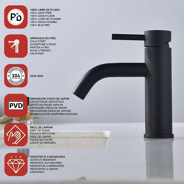 POALGI - Mitigeur de lavabo noir mat PVD Inox S304 série Rock - large