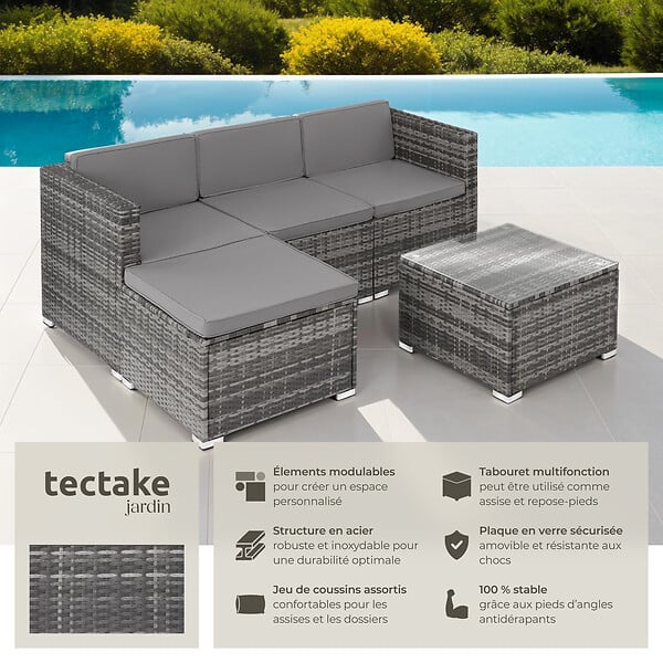 tectake - Salon en rotin pour 3 à 4 personnes  gris - large