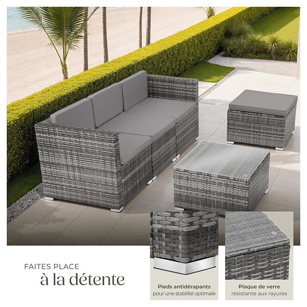 tectake - Salon en rotin pour 3 à 4 personnes  gris - large