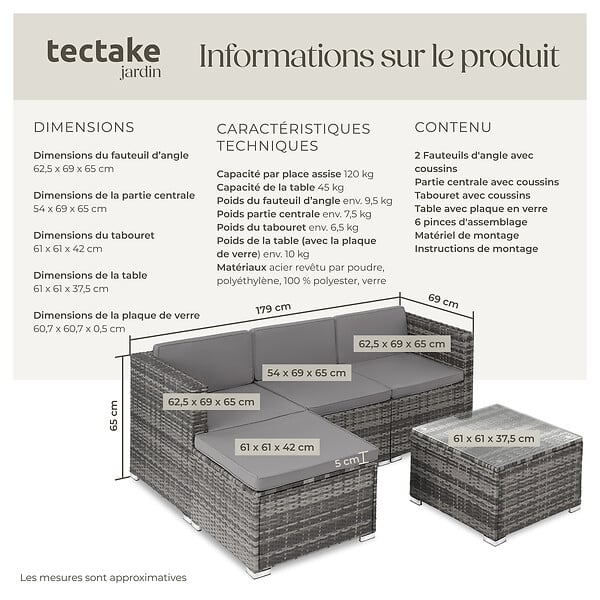 tectake - Salon en rotin pour 3 à 4 personnes  gris - large