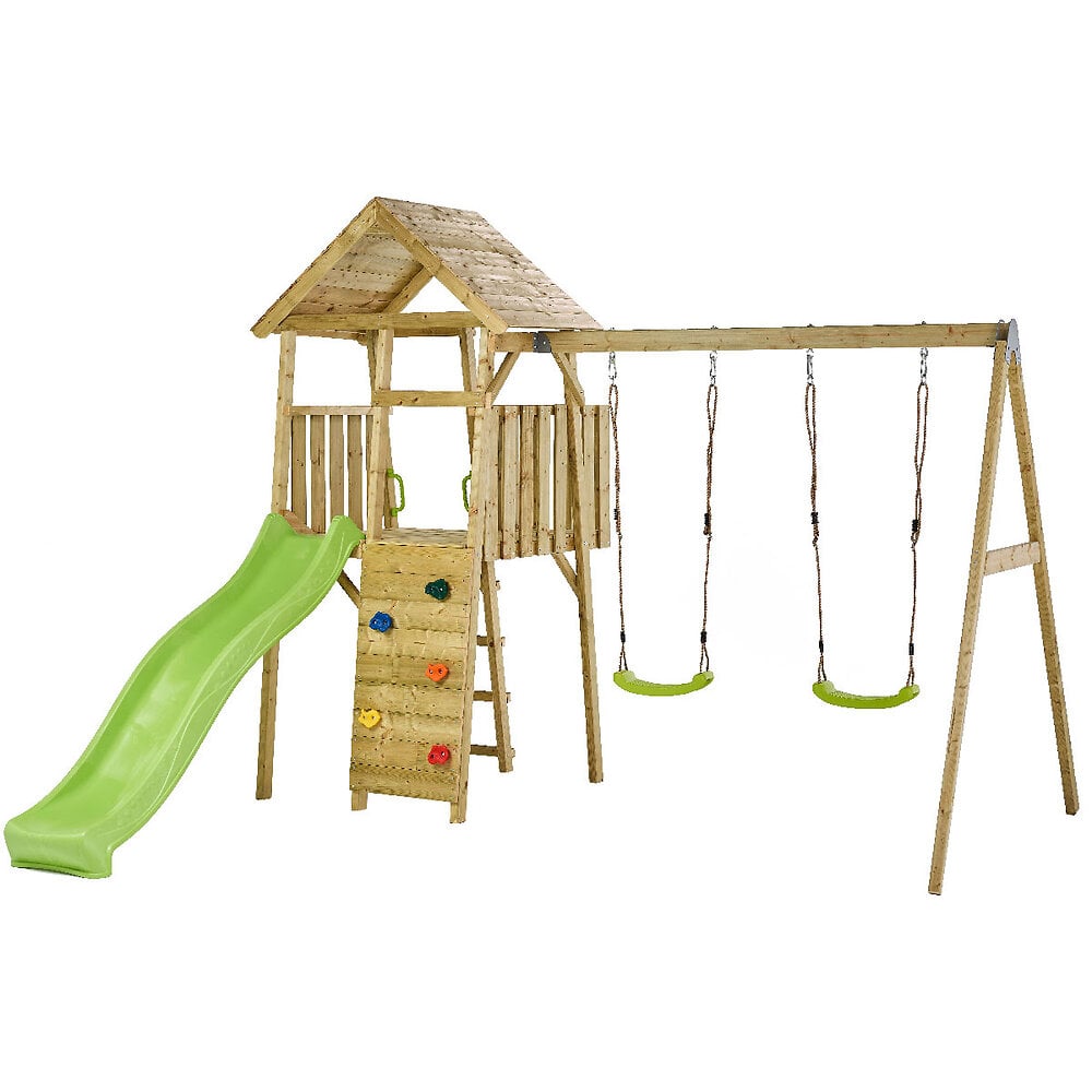 Aire+de+jeux+bois+WOODI+-+2+balancoires,+toboggan,+escalade,+cabane