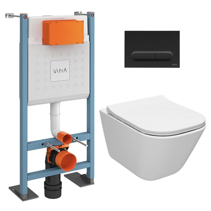 Vitra+Pack+WC+Bâti+autoportant+V-Fix+Core+++WC+sans+bride+Roca+Gap+++Abattant+slim,+SoftClose+++Plaque+noire+mat+(VFTFGAP6)